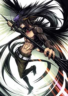Anime warrior with black hair and spear