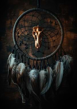 Dreamcatcher with Bird Skull and Feathers