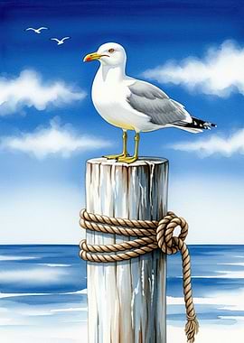 Seagull on a Post by the Sea