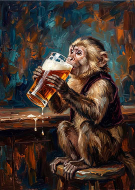 Monkey Drinking Beer in a Bar
