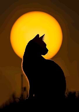 Silhouette of a cat against a large sun