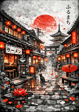 Japanese Street Scene with Cat