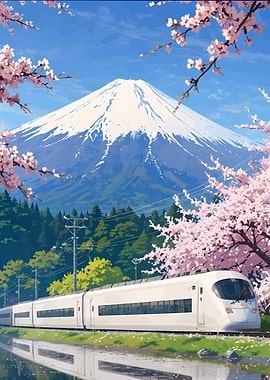 Mount Fuji with Cherry Blossoms and Train