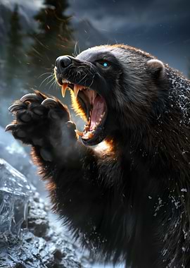 Fierce Wolverine Roaring in Snowy Landscape