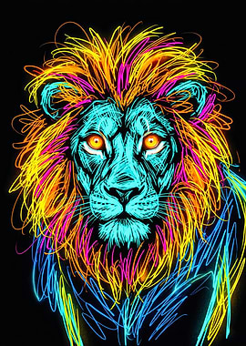Vibrant Neon Lion Head Portrait