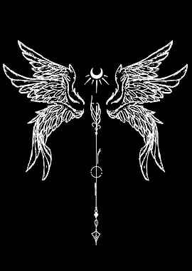 White Angel Wings with Crescent Moon and Staff