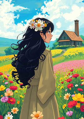 Anime Girl in Flower Field