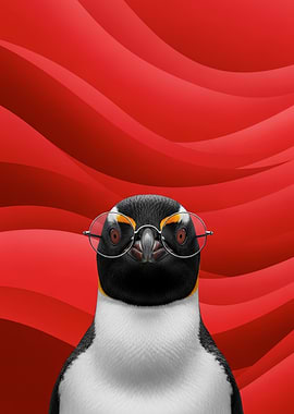 Penguin Wearing Glasses on Red Background