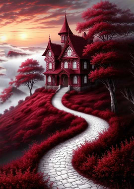 Enchanted Red Mansion on a Misty Hill