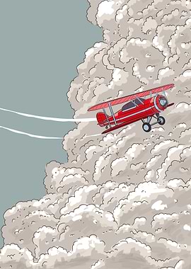 Red Biplane Flying Through Clouds