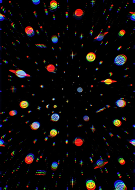 Psychedelic Space Scene with Planets and Smileys