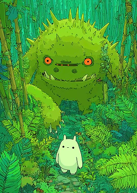 Cute creature meets giant monster in jungle
