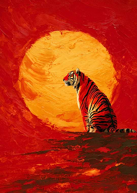 Tiger in front of a large sun