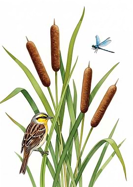 Bird and Dragonfly by Cattails