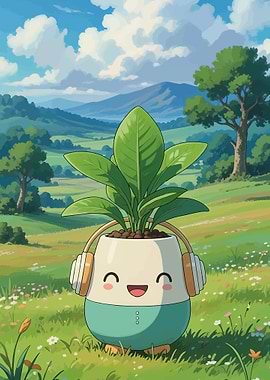Cute Potted Plant with Headphones in Nature