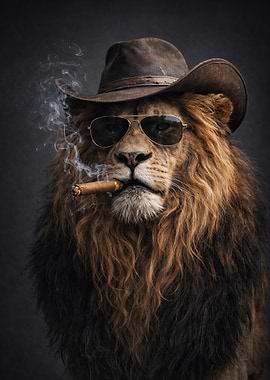Lion wearing a cowboy hat and sunglasses smoking a cigar