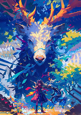Magical Deer and Girl in Forest