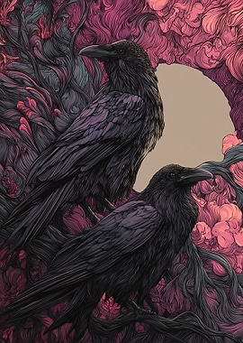 Two Ravens in a Dark Floral Setting