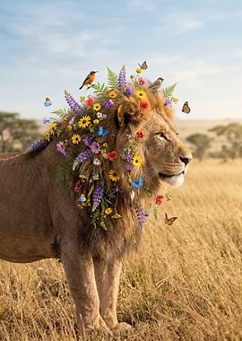 Lion adorned with flowers and butterflies