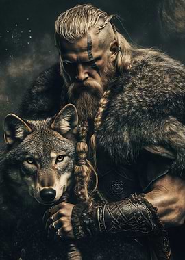 Viking Warrior with Wolf