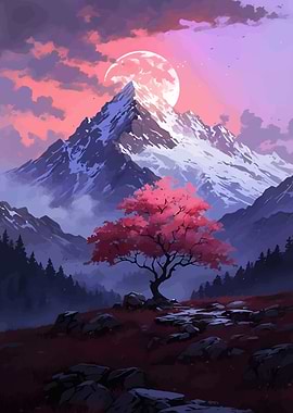 Serene Mountain Landscape with Cherry Blossom Tree