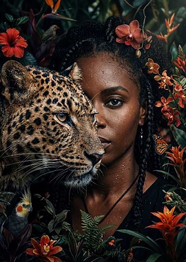 Woman and Leopard in Jungle