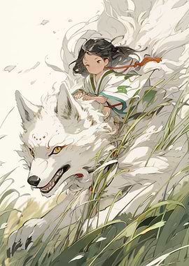 Girl Riding a White Wolf