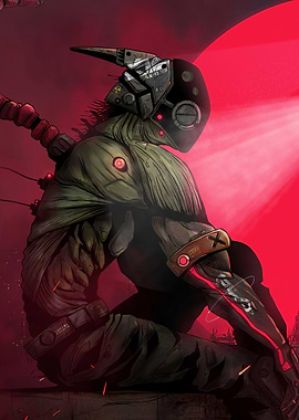 Cyberpunk Warrior with Red Moon