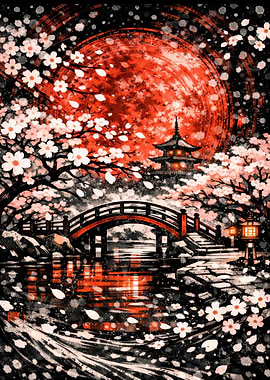 Japanese Garden with Cherry Blossoms and Pagoda