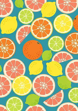 Citrus Fruit Pattern on Teal Background