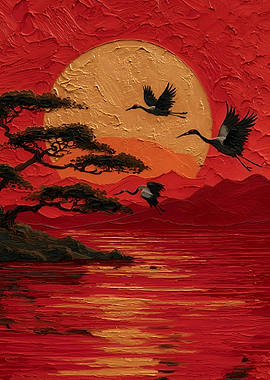 Cranes Flying Over Red Water
