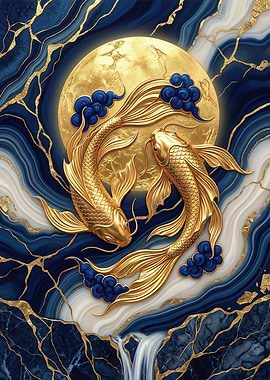 Golden Koi Fish Under a Full Moon