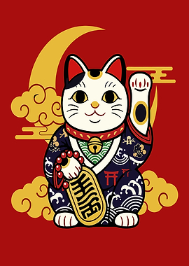 Maneki Neko Cat with Moon and Clouds