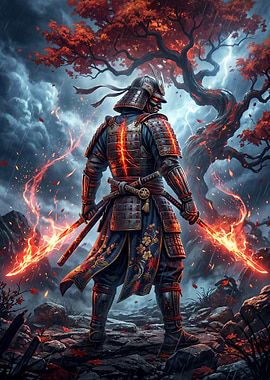 Samurai Warrior with Fiery Swords