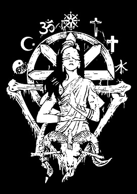 Blindfolded figure with religious symbols