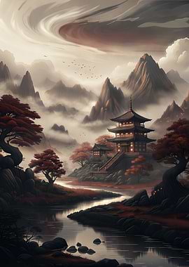 Misty Japanese Pagoda Landscape