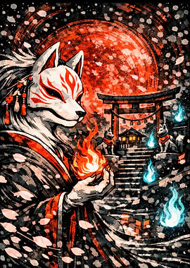 Kitsune Spirit with Fire and Shrine