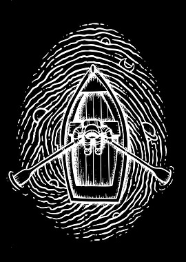 Astronaut rowing a boat in a fingerprint