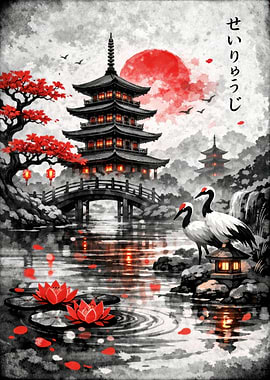 Japanese Pagoda and Cranes