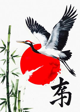 Crane flying over the sun with bamboo