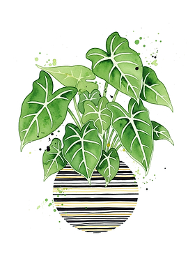 Watercolor Alocasia Plant in Striped Pot