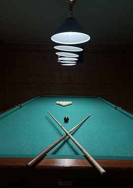 Billiard Table with Balls and Cues