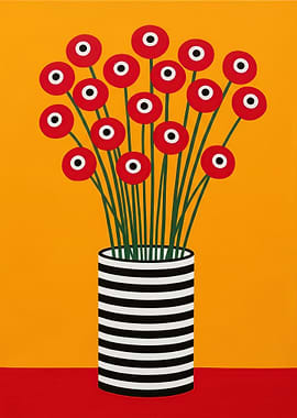 Red Poppies in a Striped Vase