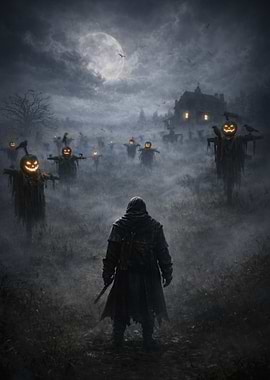 Halloween Scarecrows in Foggy Field