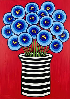 Blue Flowers in Striped Vase