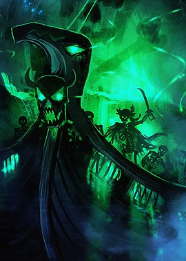 Grim Reaper and Skeletons in Green Mist