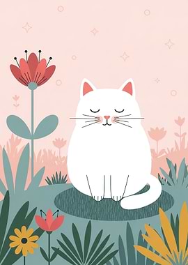 Cute White Cat in a Garden