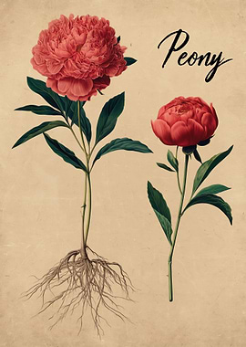 Vintage Peony Botanical Illustration