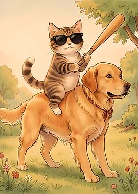 Cat with a Baseball Bat sitting on a Dog