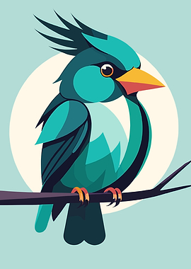 Stylized Teal Bird on a Branch